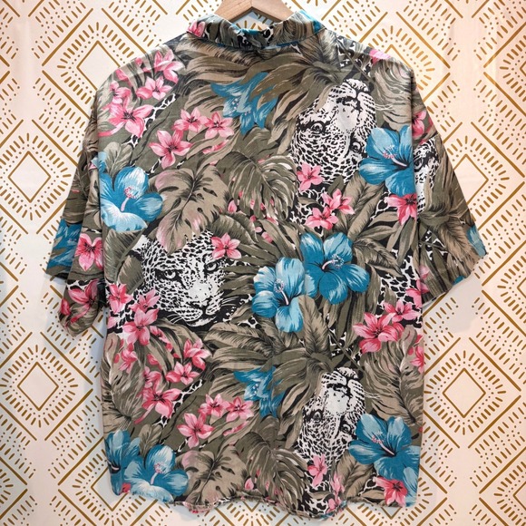 Vintage Button Up Size 22W Tropical Leopard Floral Short Sleeve Shirt Summer - Picture 4 of 10